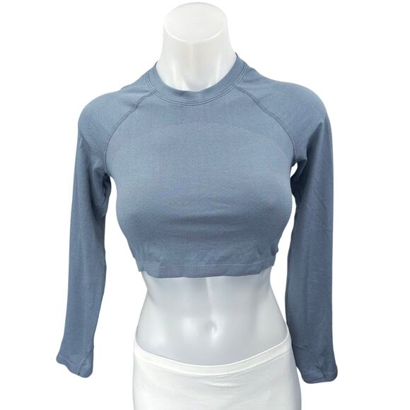 Aritzia TNA Blue Long Sleeve Mock Neck T Shirt Tee Yoga Athletic Crop Top Sz M - Picture 1 of 3